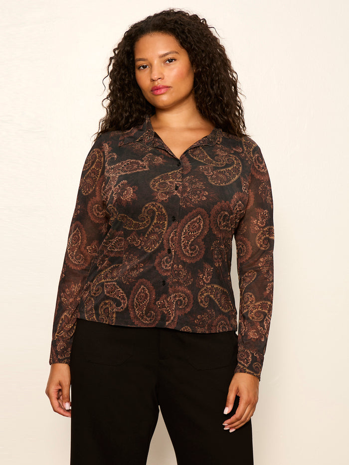 Fitted Mesh Button Down Top Cocoa Paisley Extended Sizing