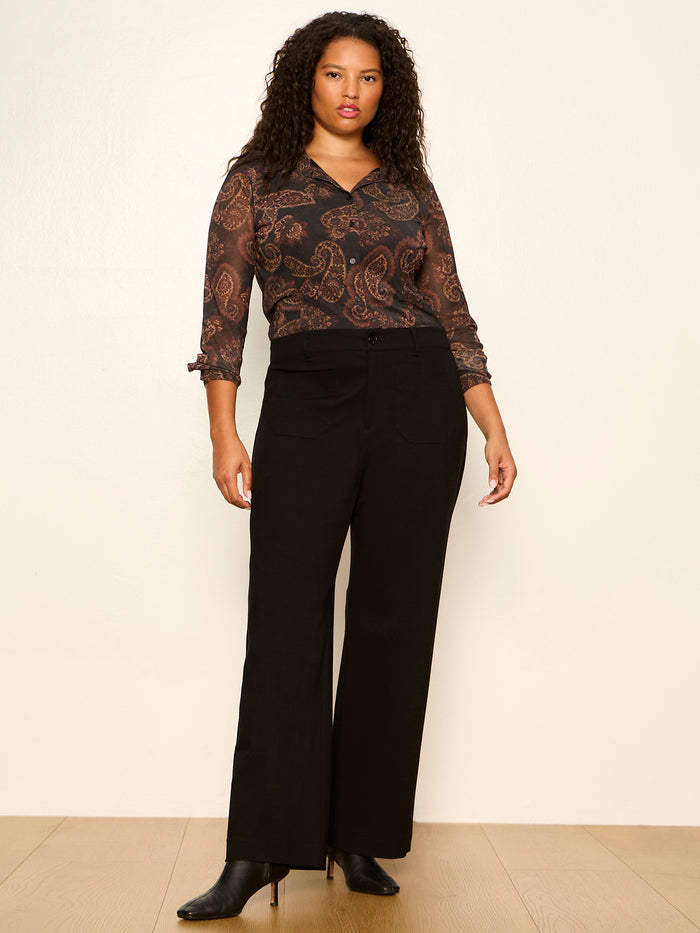 Fitted Mesh Button Down Top Cocoa Paisley Extended Sizing