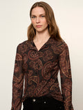 Fitted Mesh Button Down Top Cocoa Paisley Petite Sizing