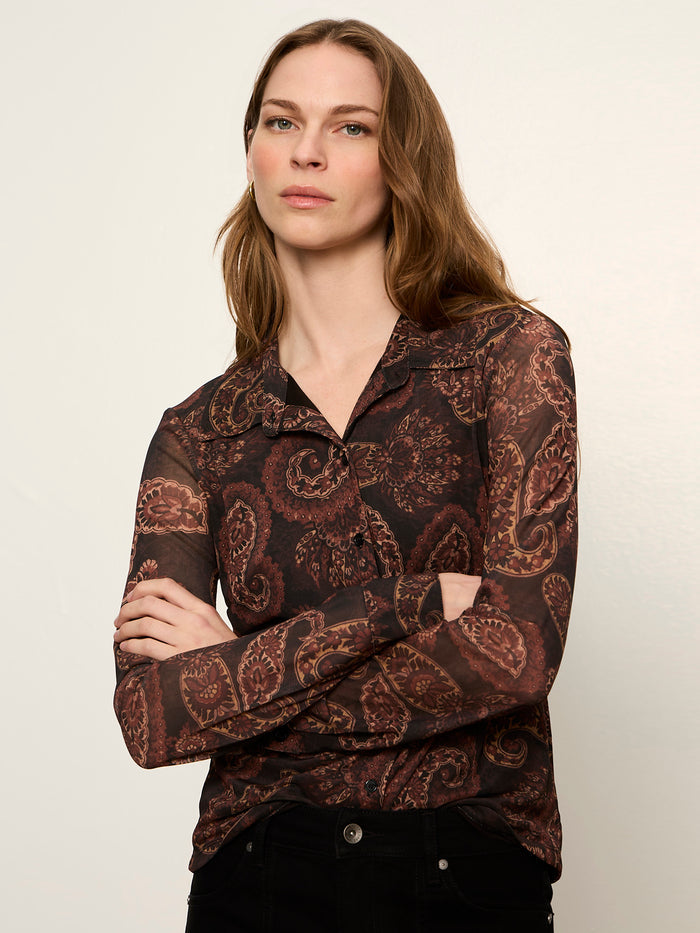 Fitted Mesh Button Down Top Cocoa Paisley