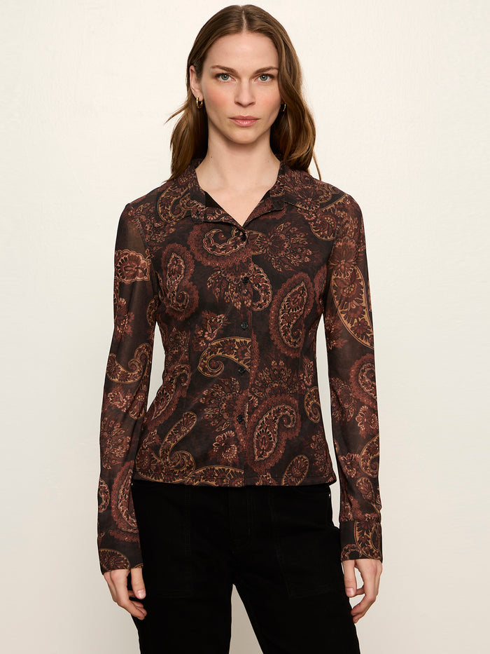 Fitted Mesh Button Down Top Cocoa Paisley