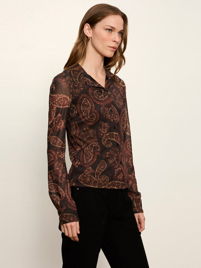 Fitted Mesh Button Down Top Cocoa Paisley