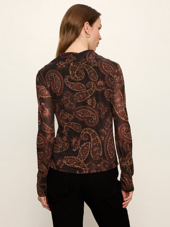 Fitted Mesh Button Down Top Cocoa Paisley
