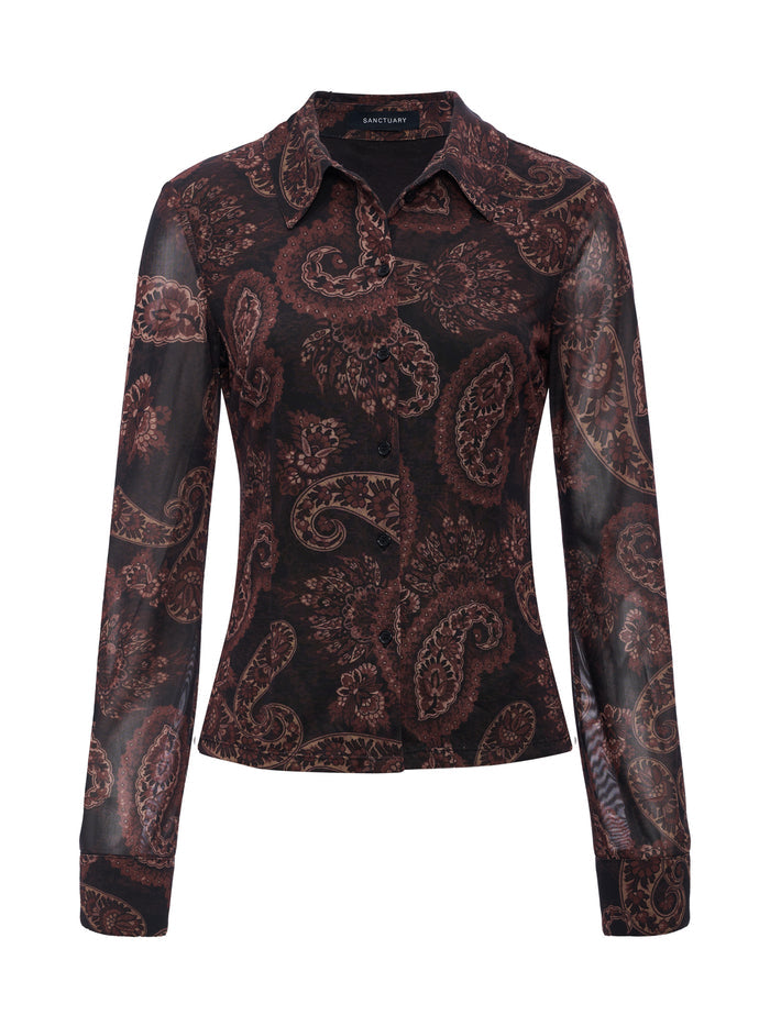 Fitted Mesh Button Down Top Cocoa Paisley