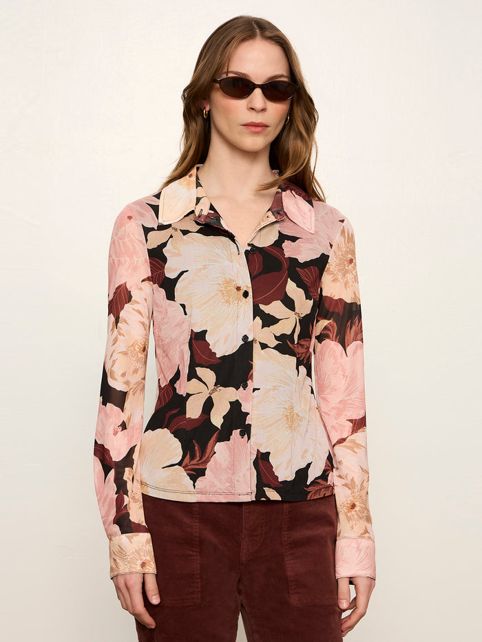 Fitted Mesh Button Down Top Woodland Flora