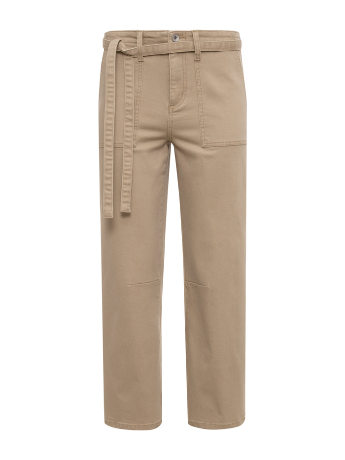 The foundry pant khaki by Sanctuary Clothing features a straight-leg cut, front patch pockets, stitched knee detail, matching fabric belt, and belt loops, shown on a white background.