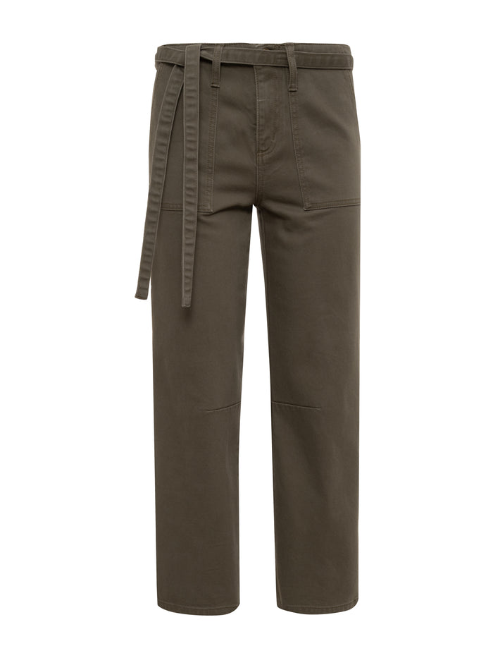 The Sanctuary Clothing foundry pant in vintage olive features straight legs, a matching fabric belt, front seams, and large pockets, shown against a plain white background.