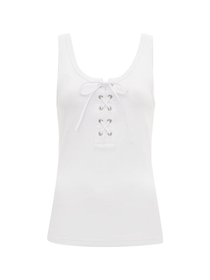 The go to lace up tank white by Sanctuary Clothing is a sleeveless top with a scoop neckline, lace-up front detail with silver eyelets, and a bow accent.
