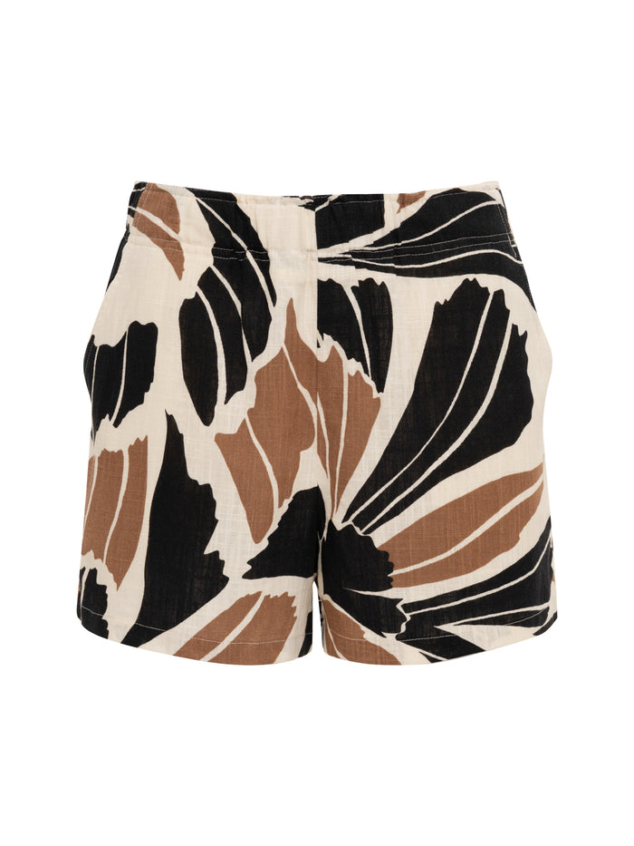 The good time linen short lotus by Sanctuary Clothing features a bold abstract leaf print in black, brown, and cream on high-waisted shorts, shown against a plain white background. Available in extended sizing.