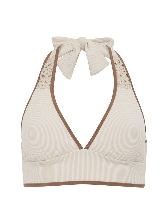 The Sanctuary Clothing halter bikini top in White Sand features brown trim, lace-detailed straps, ribbed fabric, and a bow tie neck closure for a supportive, feminine look.