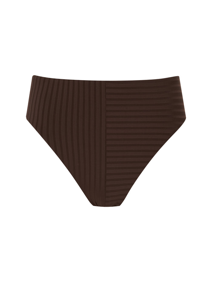 The Sanctuary Clothing high leg high rise bikini bottom in espresso features dark brown, vertically ribbed fabric with a seamless, simple design and subtle variations in rib width on each side.