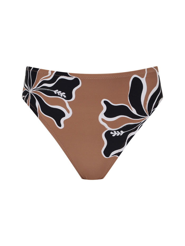 The high leg high rise bikini bottom in toasted coconut by Sanctuary Clothing features a bold black and white floral print on each side, set against a plain white background.