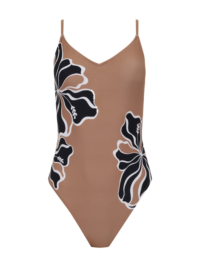 The high leg scoop neck one piece toasted coconut by Sanctuary Clothing features thin straps and black and white abstract floral patterns on the chest and hip.