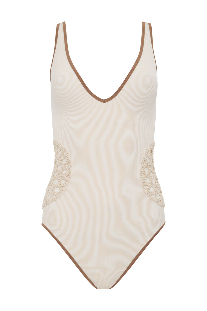Sanctuary Clothing's high leg scoop neck one piece in white sand features brown edge trim and lace side panels, shown against a plain white background.