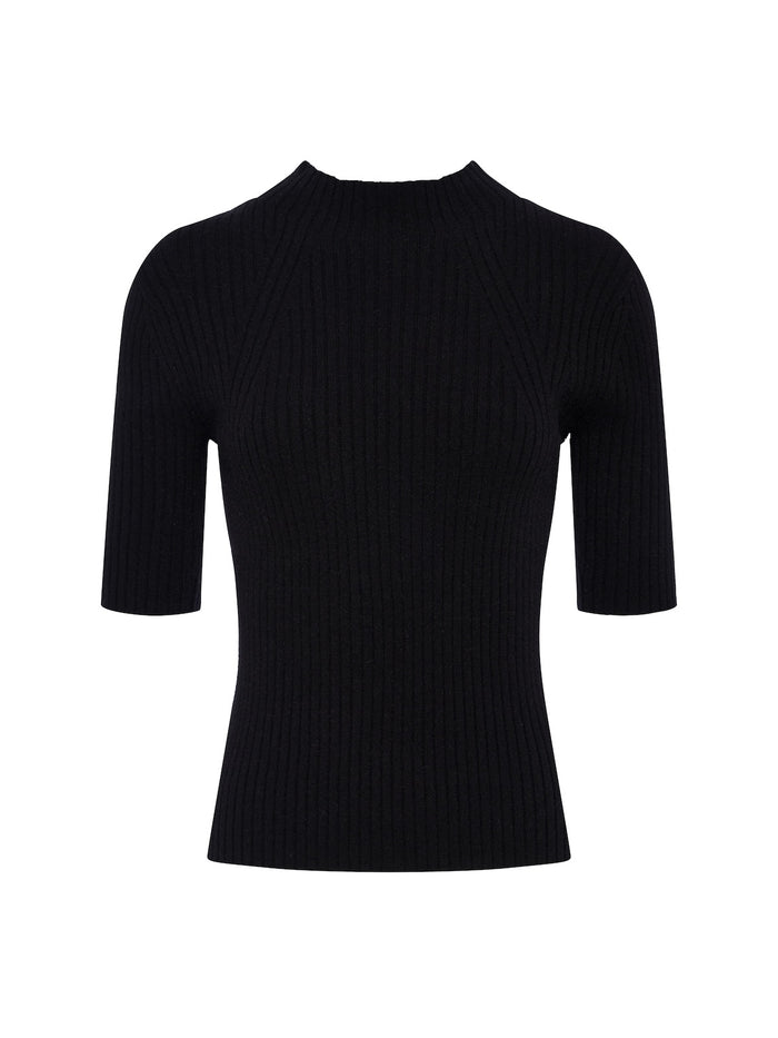 High Neck Ribbed Top Black