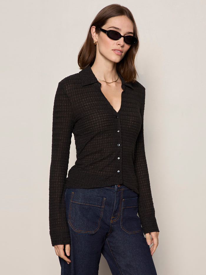 Juno Textured Button Front Top Black