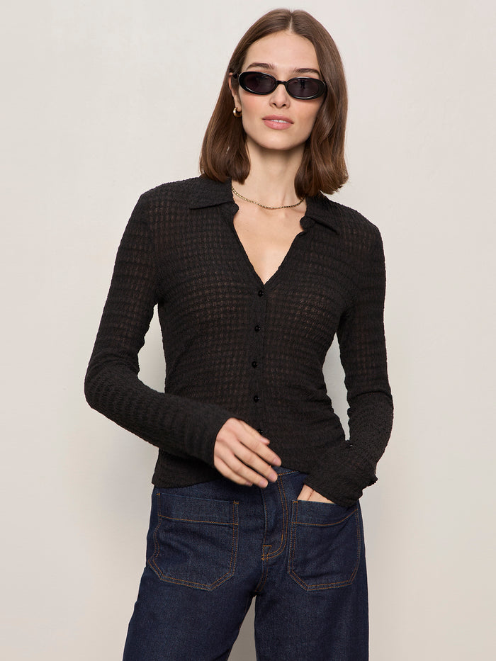 Juno Textured Button Front Top Black