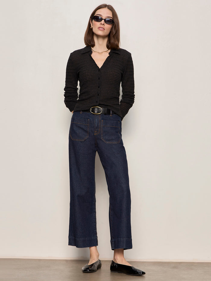 Juno Textured Button Front Top Black