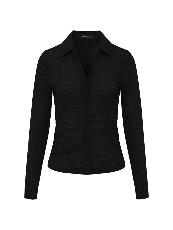 Juno Textured Button Front Top Black