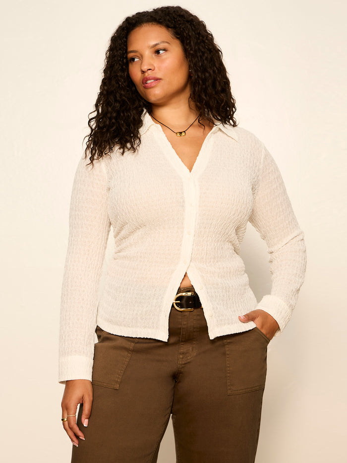 Juno Textured Button Front Top Chalk Extended Sizing