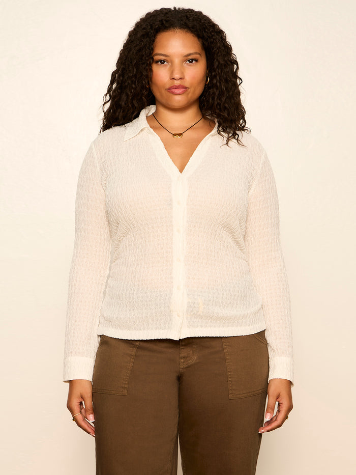 Juno Textured Button Front Top Chalk Extended Sizing