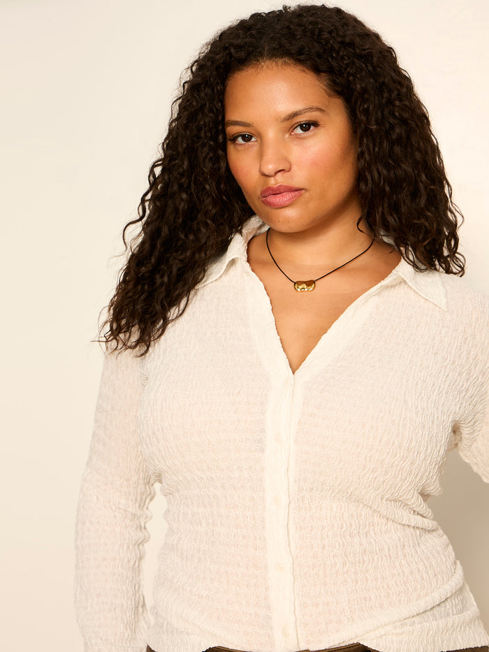 Juno Textured Button Front Top Chalk Extended Sizing