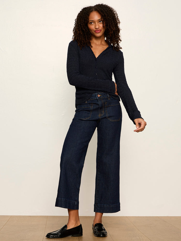Juno Textured Button Front Top Navy Blazer