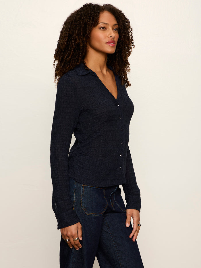 Juno Textured Button Front Top Navy Blazer