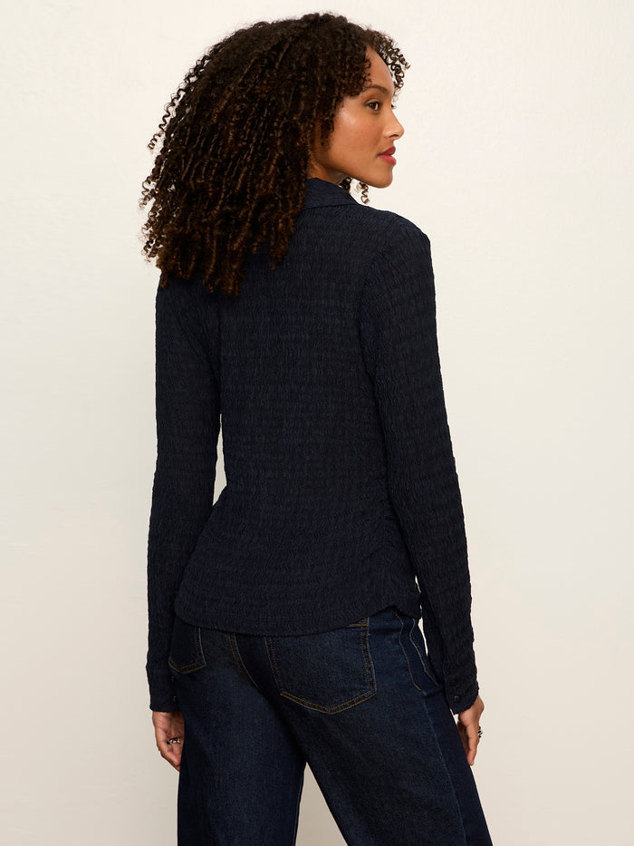 Juno Textured Button Front Top Navy Blazer