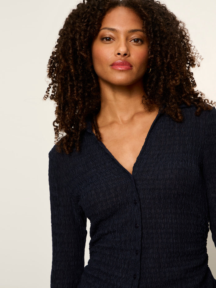 Juno Textured Button Front Top Navy Blazer