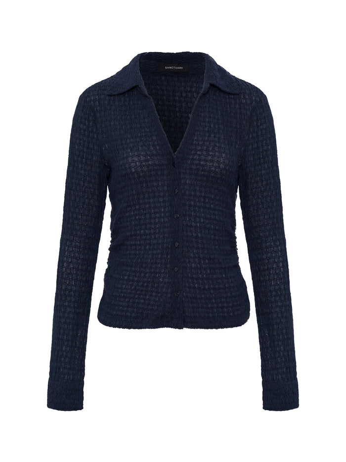 Juno Textured Button Front Top Navy Blazer