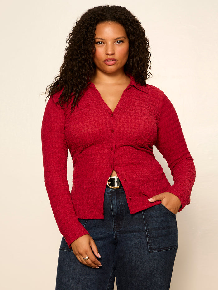 Juno Textured Button Front Top Red Berry Extended Sizing