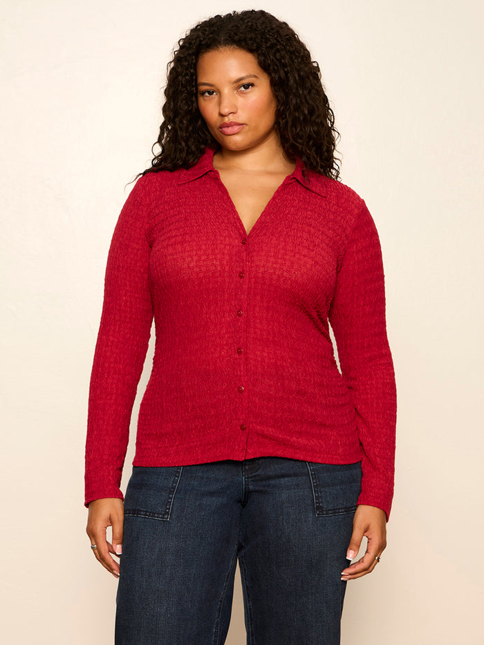 Juno Textured Button Front Top Red Berry Extended Sizing