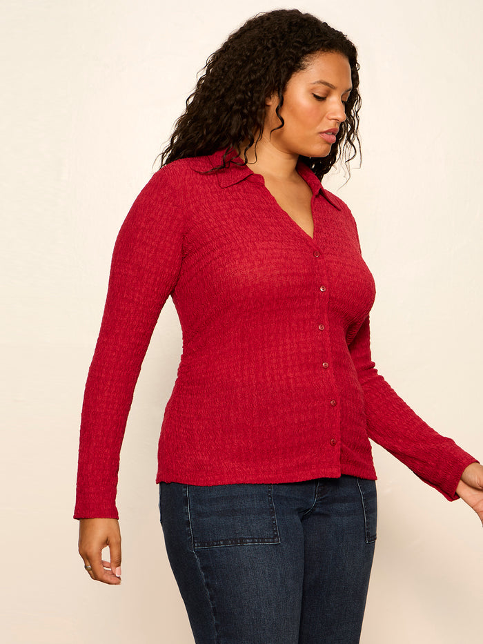 Juno Textured Button Front Top Red Berry Extended Sizing