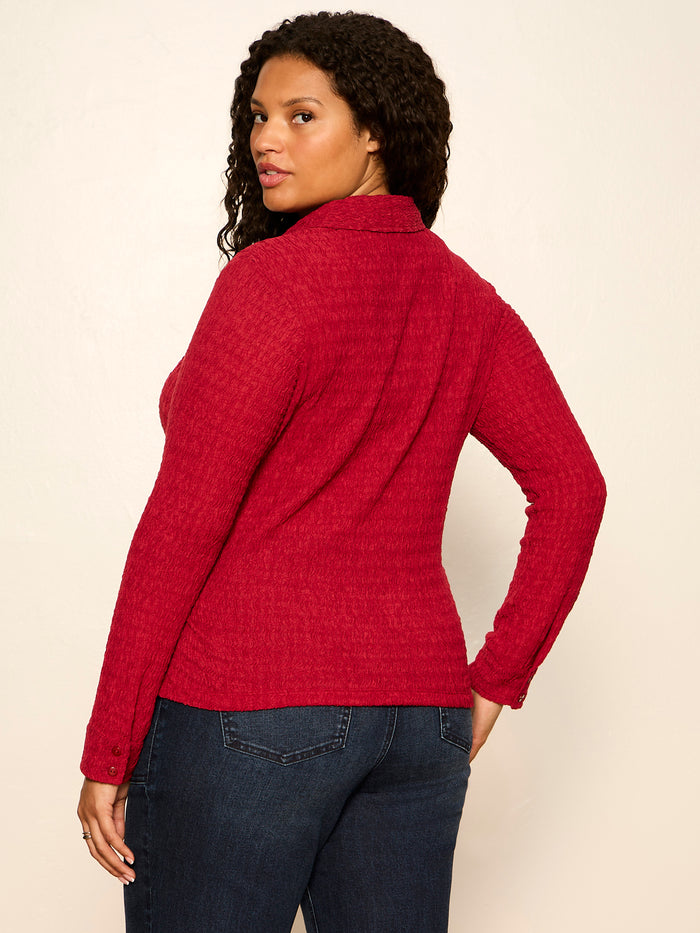 Juno Textured Button Front Top Red Berry Extended Sizing