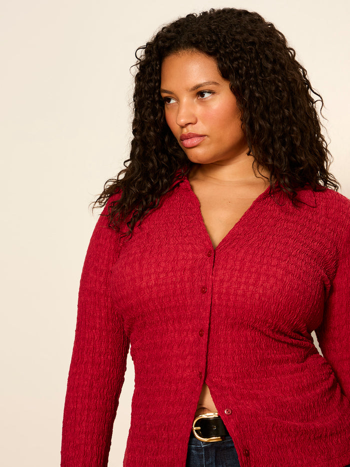 Juno Textured Button Front Top Red Berry Extended Sizing