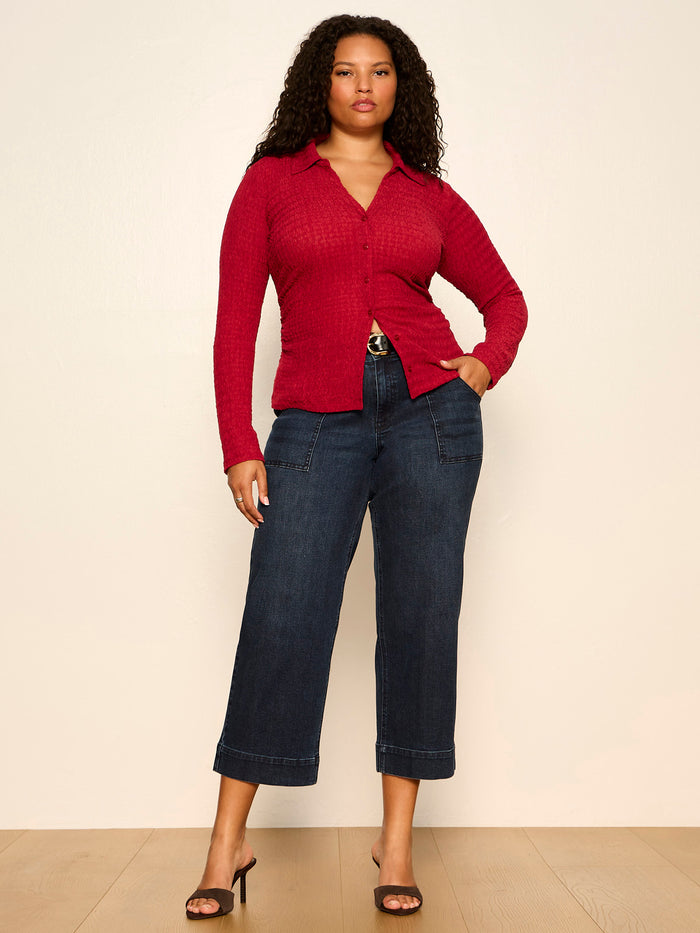 Juno Textured Button Front Top Red Berry Extended Sizing