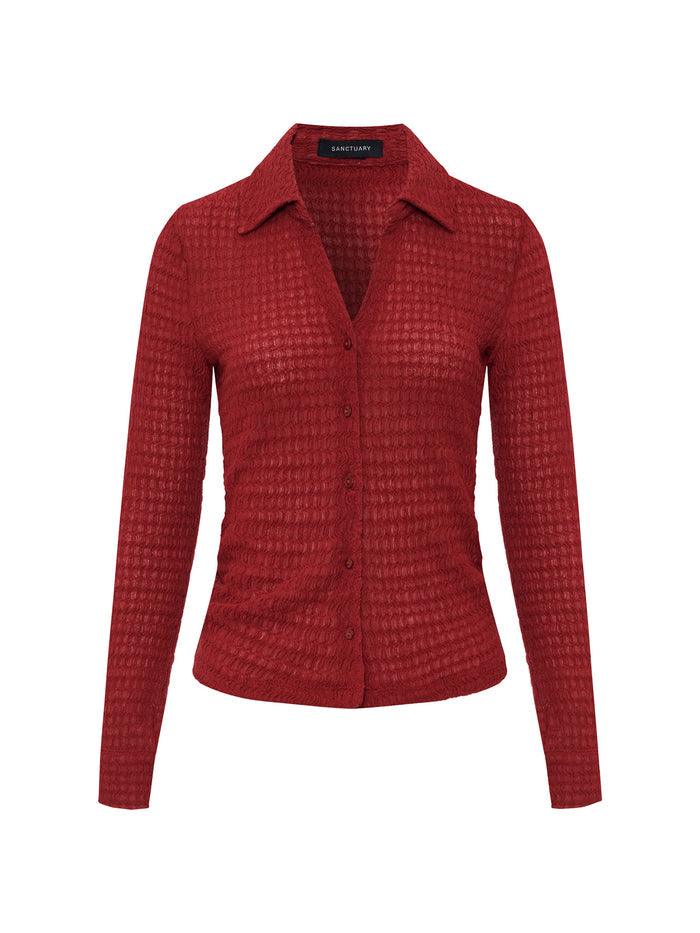 Juno Textured Button Front Top Red Berry Extended Sizing