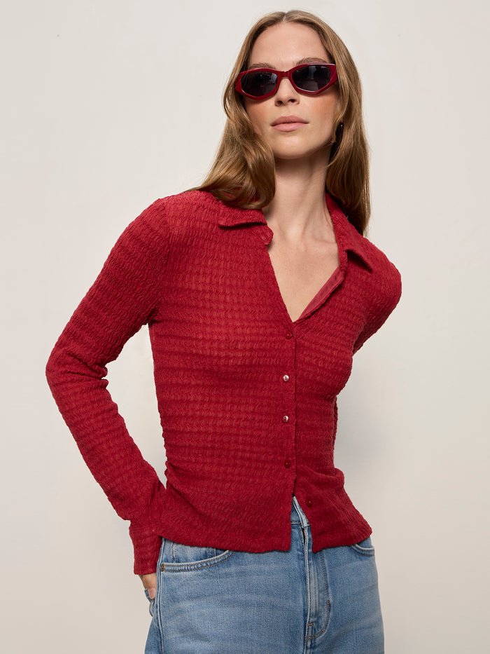 Juno Textured Button Front Top Red Berry