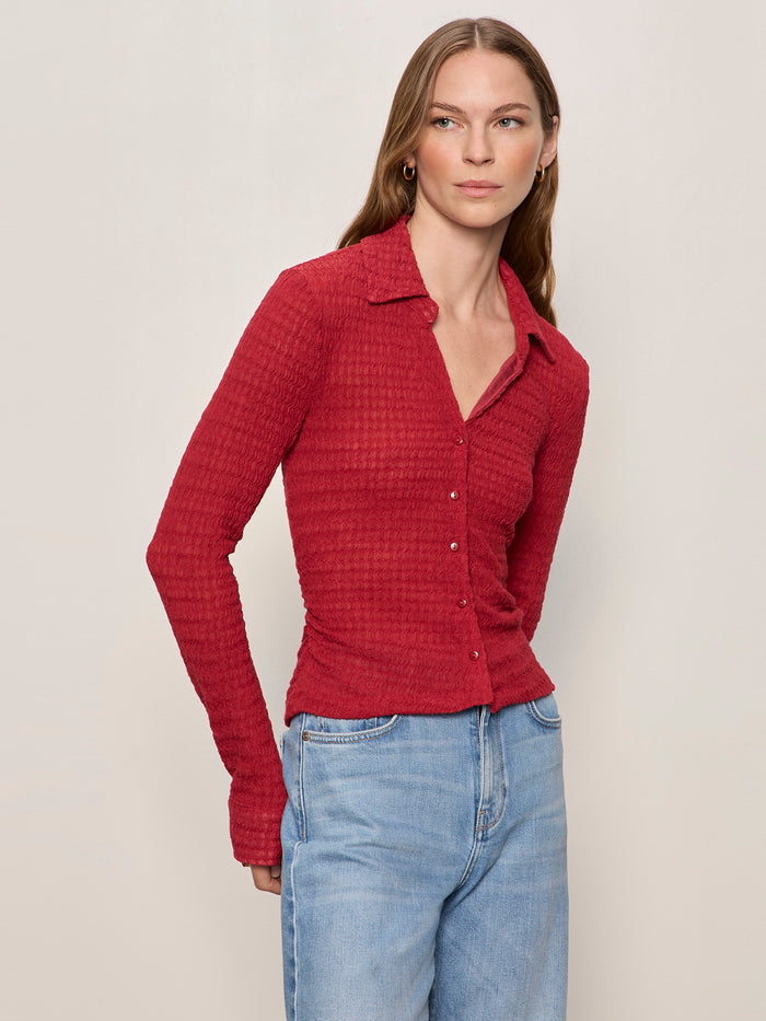 Juno Textured Button Front Top Red Berry