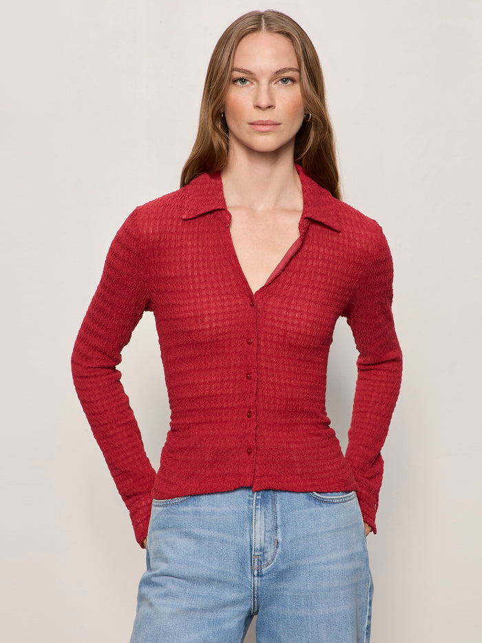Juno Textured Button Front Top Red Berry