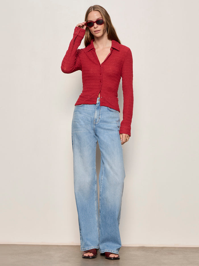 Juno Textured Button Front Top Red Berry