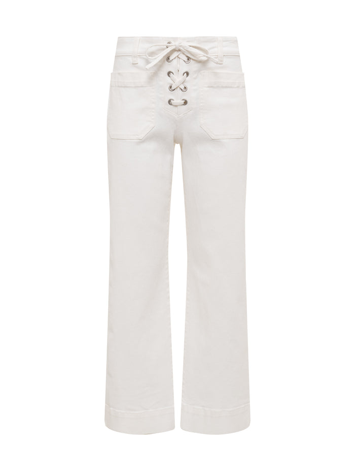 The "lace up mariner chalk" pants by Sanctuary Clothing feature a high waist, wide legs, front patch pockets, and a lace-up waistband, shown against a white background.