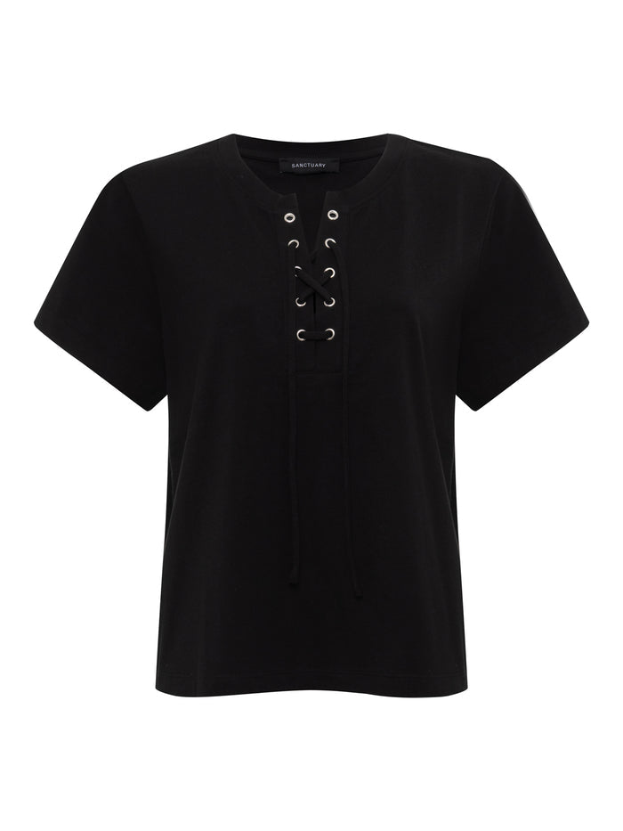 The Sanctuary Clothing lace up timeless tee black is a short-sleeve t-shirt with a round neckline and front lace-up detail featuring metal eyelets and black string ties.