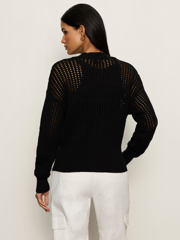 A woman faces away, wearing the Sanctuary Clothing laguna openwork bomber in black with white pants. Her dark hair is straight and loose, and she stands against a plain, light background. The sweater features a see-through mesh-knit pattern.