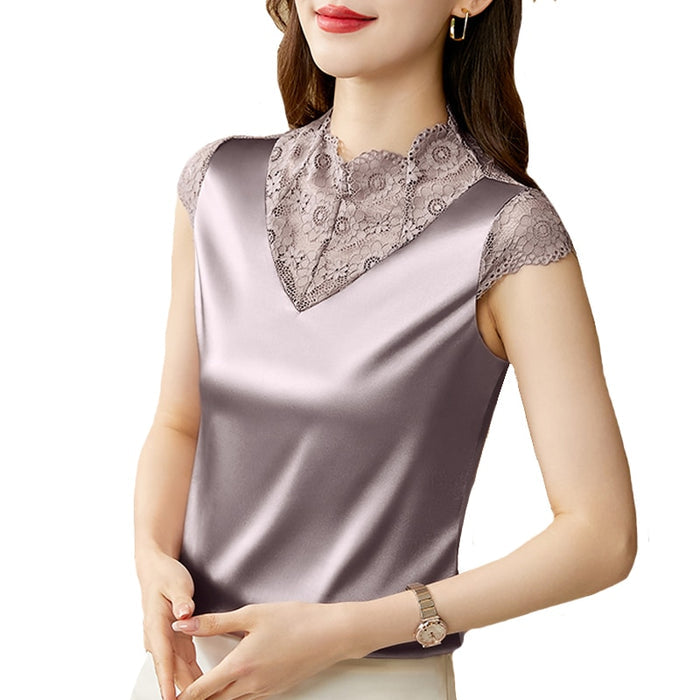M-4XL Elegant Short sleeve Lace Shirt Fashion Patchwork Silk Satin Tank Top Summer Casual Women Blouse