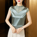 M-4XL Elegant Short sleeve Lace Shirt Fashion Patchwork Silk Satin Tank Top Summer Casual Women Blouse