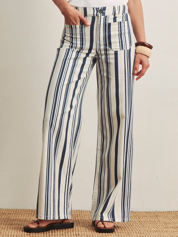 The lower half of a person is shown standing on a woven rug, wearing Sanctuary Clothing’s marine full length sail stripe pants—high-waisted, wide-leg with blue and white vertical stripes—paired with dark sandals and chunky bracelets.