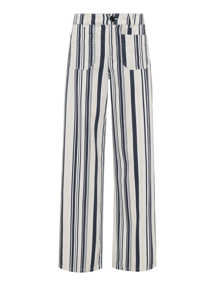 Sanctuary Clothing's marine full length sail stripe pants feature a high-waisted, wide-leg silhouette with vertical navy and white stripes and front patch pockets, shown against a plain white background.