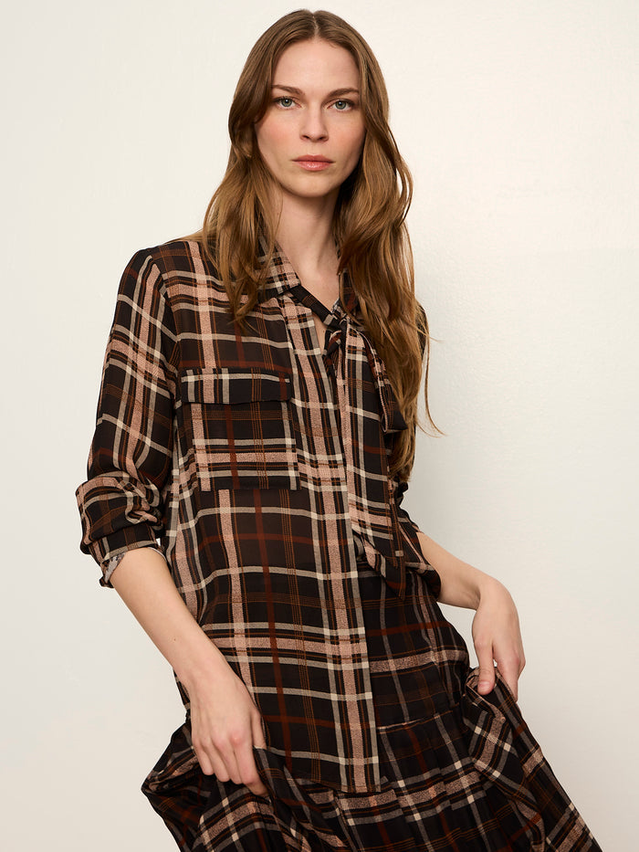 Meet In Paris Tie Neck Blouse Cinder Plaid
